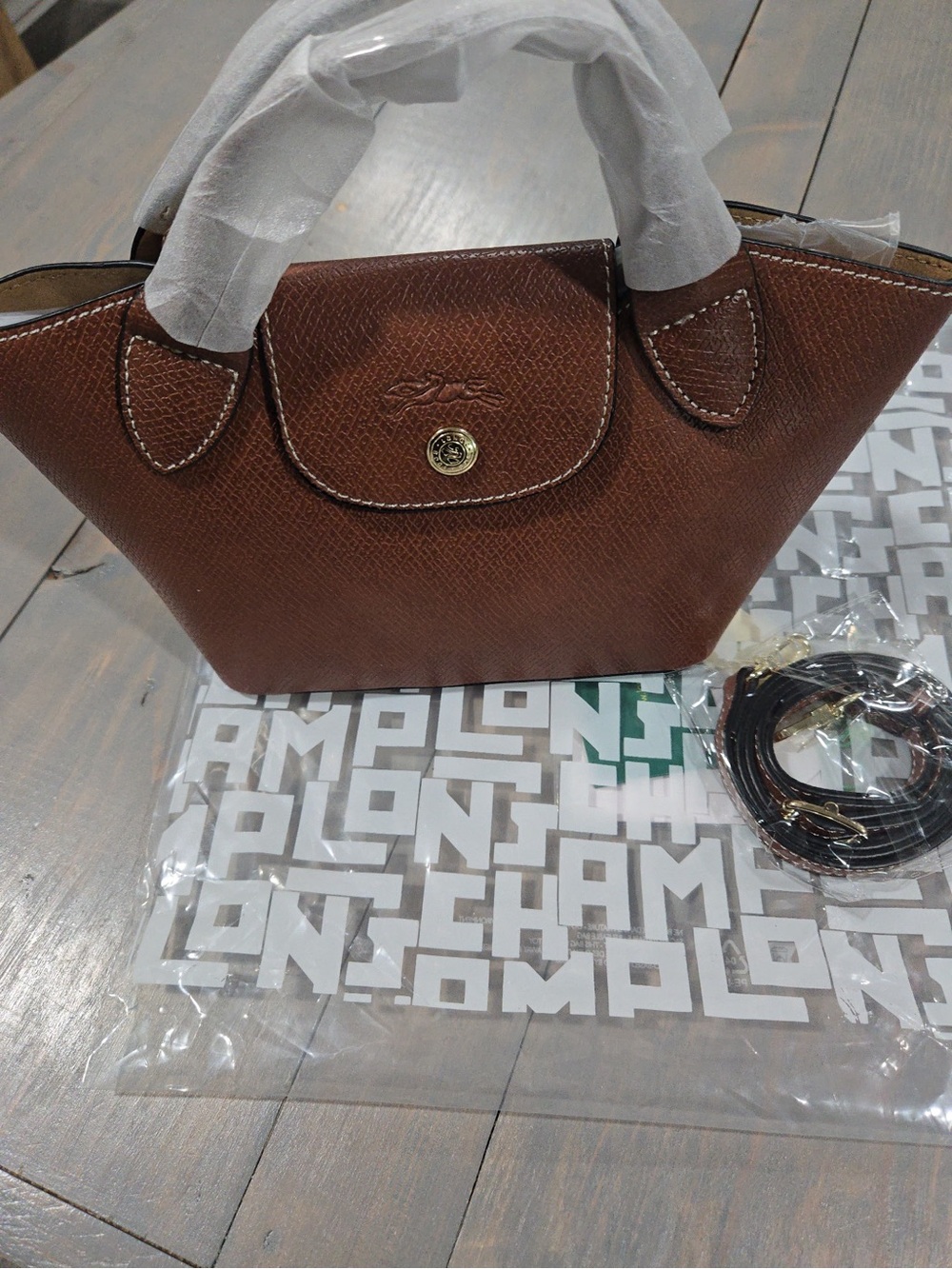 Longchamp epure leather top handle crossbody strap XS small embossed nwt brown